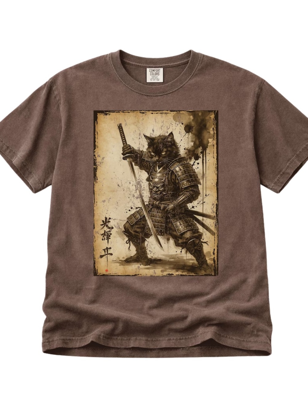 Comfort Colors Espresso Graphic Tee - Samurai Cat Print